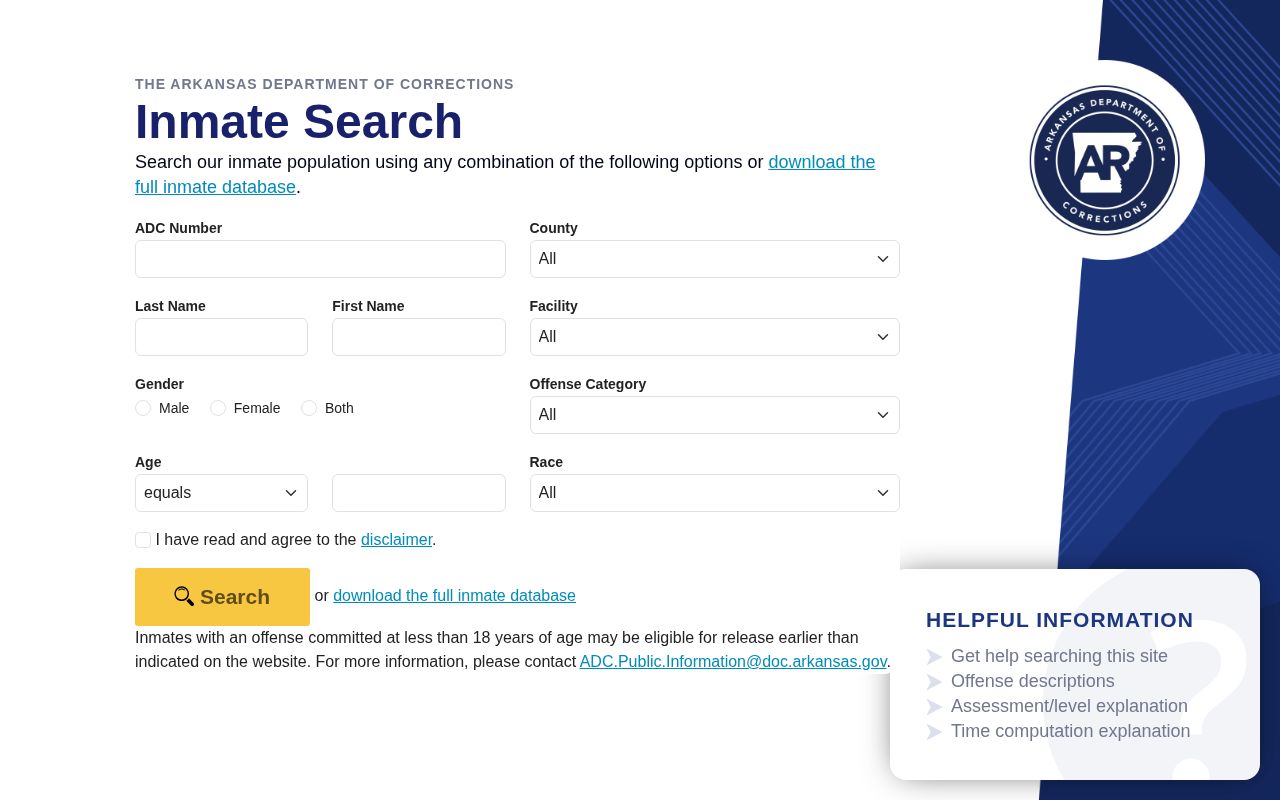 Arkansas Department of Corrections official inmate search form