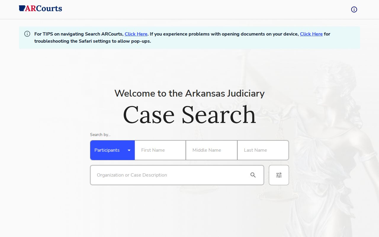 Arkansas Judiciary public court case search page
