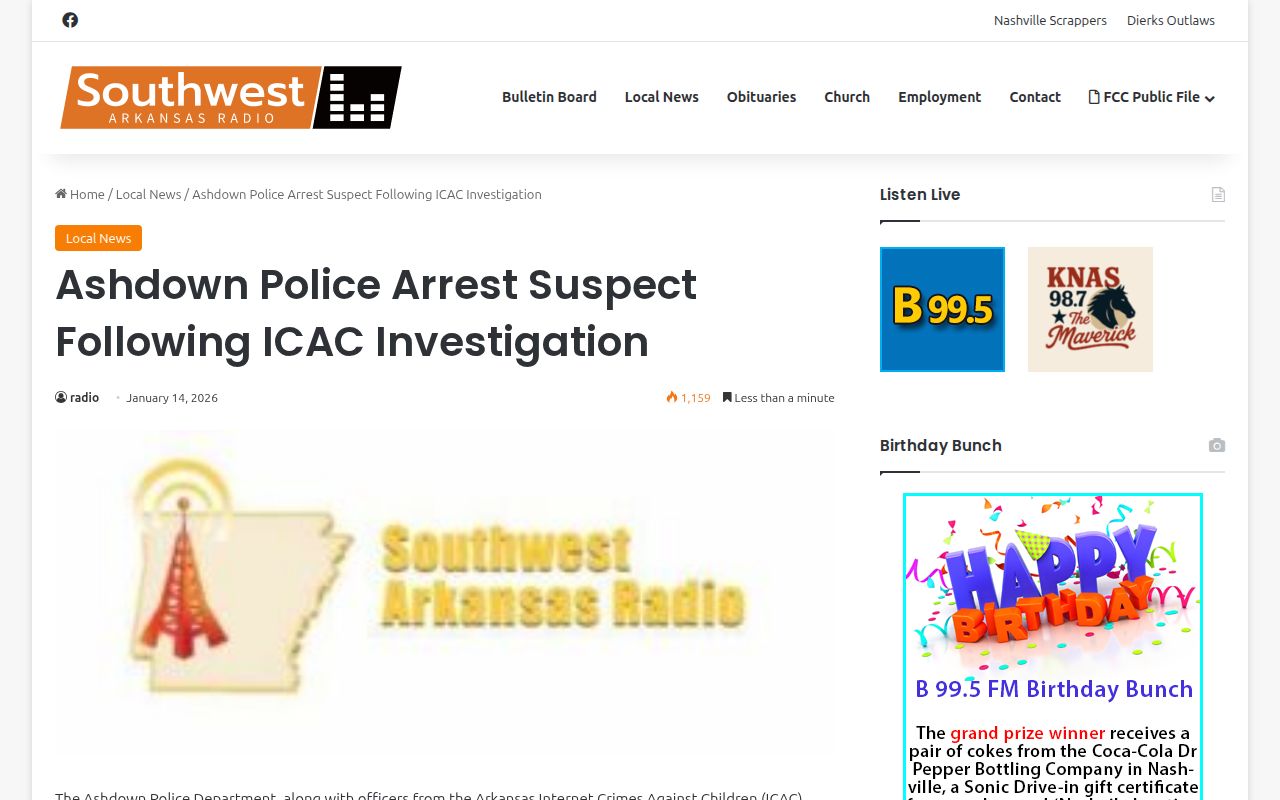 Screenshot of a Southwest Arkansas Radio Ashdown Police arrest report