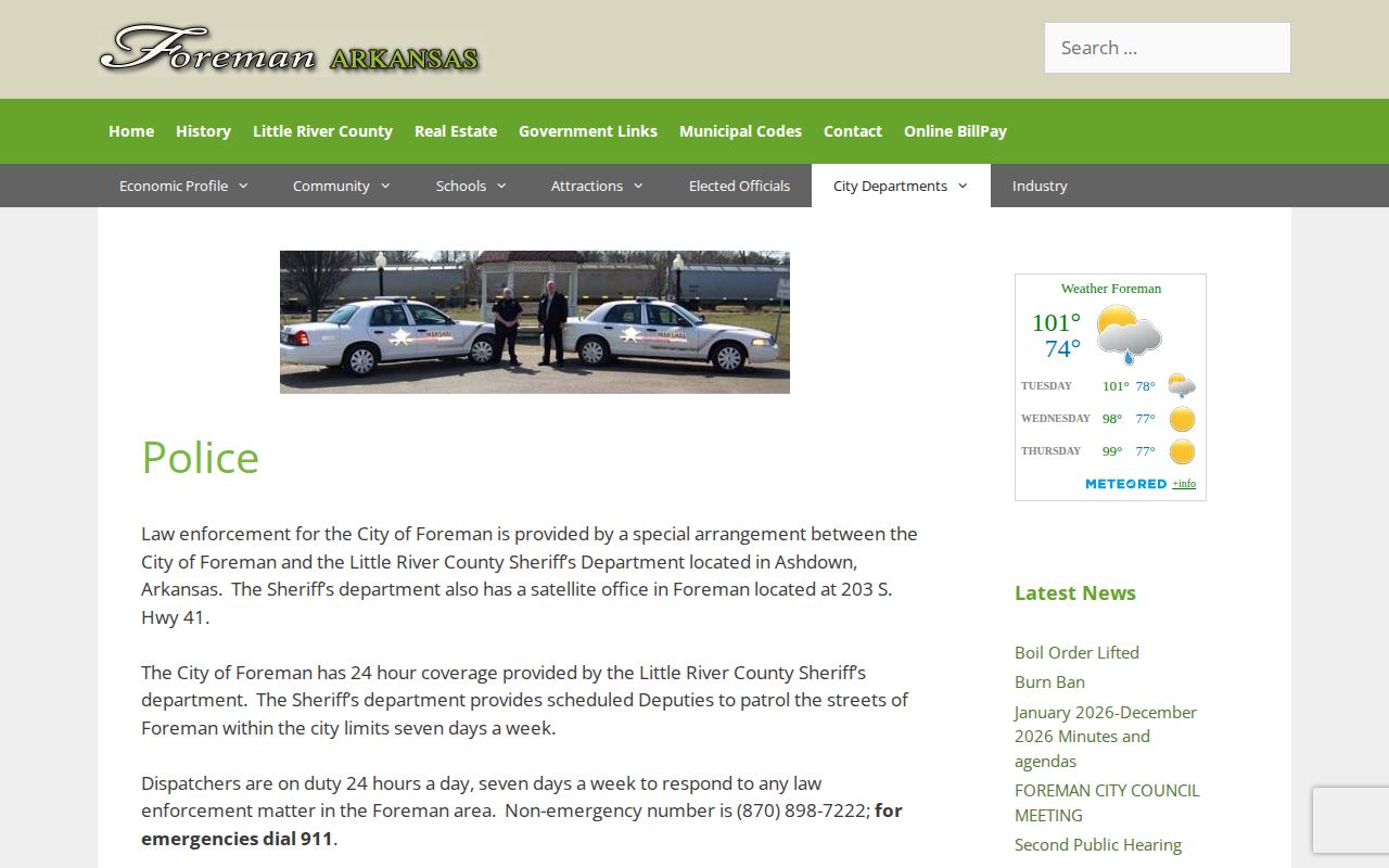 Screenshot of the official Foreman police service page describing county sheriff coverage